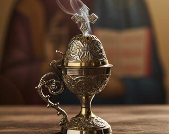 Orthodox Prayer Set: 5.5 in × 3.1 inch gold metal censer, 50 grams of incense, 6 charcoal tablets.