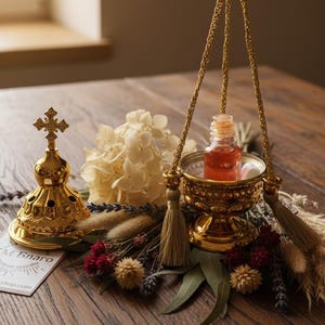 Puede incluir: Un quemador de incienso dorado con una parte superior en forma de cruz y un incensario colgante con una pequeña botella de líquido rojo. Los artículos están sobre una mesa de madera, rodeados de flores secas y vegetación. También hay una tarjeta de visita.