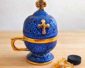 Brûle-encens orthodoxe en céramique bleue avec croix 6,3 po., porte-encens pour la maison
