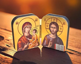 Orthodox Wooden Folding Icon 1.8 in, Virgin Mary “Unfading Flower” & Jesus Christ, Travel Diptych, Religious Gift, Small Pocket Icon