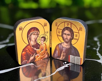 Orthodox Wooden Folding Icon 2.73 in, Virgin Mary “Unfading Flower” and Jesus Christ, Travel Diptych, Religious Gift, Pocket Icon