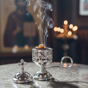 May include: A silver censer with detailed floral patterns, releasing plumes of smoke. The censer is placed on a marble surface, beside a silver lid with a cross. The background shows a blurred religious painting and candles.