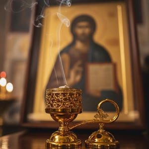 May include: A gold-coloured censer with floral detailing, emitting wisps of smoke. The censer is set against a backdrop of a religious icon, creating a serene and spiritual ambiance. The censer is a traditional item used in religious ceremonies.