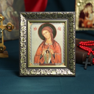Jungfrau Maria Ikone Helfer bei der Geburt, kybernetische Ikone 21x24 cm, Theotokos Ikone, christliches Geschenk für Mutter, religiöses Dekor, Gesegnete Ikone
