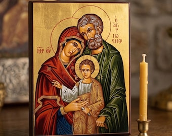 Holy Family Icon on Wood 6.3x4.7 in Orthodox Religious Art Gift Decor