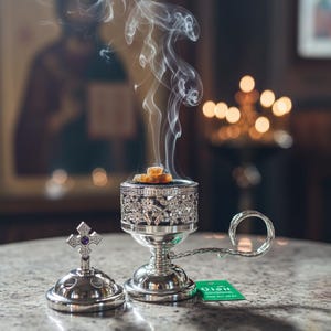 May include: A silver censer with intricate patterns, releasing trails of smoke. A small silver cross with a purple gemstone is positioned nearby. The censer contains amber incense, indicating a religious or ceremonial use. The setting is indoors.