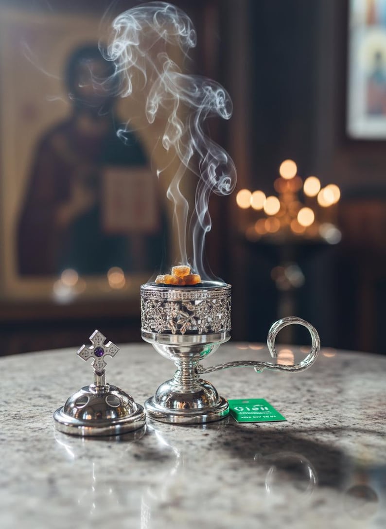 May include: A silver censer with intricate patterns, releasing trails of smoke. A small silver cross with a purple gemstone is positioned nearby. The censer contains amber incense, indicating a religious or ceremonial use. The setting is indoors.