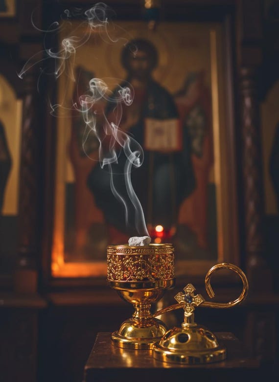 Orthodox Prayer Set: 5.1 inch gold metal censer, 60 grams of incense, 9 charcoal tablets.