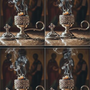 May include: A silver censer with detailed patterns, releasing trails of smoke. Two silver incense burners with cross-topped lids are nearby. The image suggests a spiritual or ceremonial context, with a blurred backdrop.