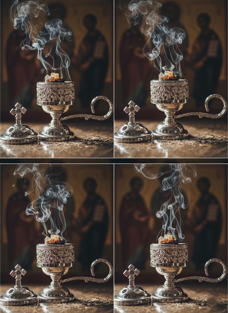 May include: A silver censer with detailed patterns, releasing trails of smoke. Two silver incense burners with cross-topped lids are nearby. The image suggests a spiritual or ceremonial context, with a blurred backdrop.