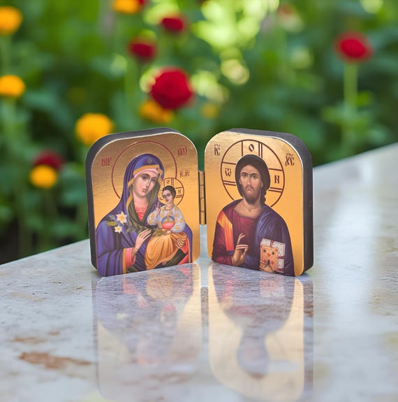Religious Gift Wooden Diptych, Orthodox Icons Jesus Christ & Theotokos, Miniature Travel Icon, Godmother Gift, Christian Decor