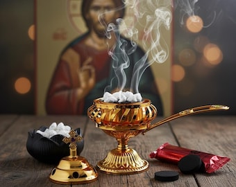 Orthodox Prayer Set: 5.5 inch gold metal censer, 50 grams of incense, 6 charcoal tablets.