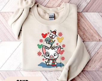 Felpa con luci di Natale Hei Hei e Pua Pig, Felpa natalizia Disney Moana, Maglione per la festa di Natale Very Merry, Divertente regalo di Natale