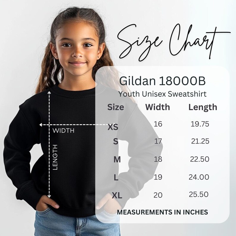 May include: A young person wearing a black Gildan 18000B youth unisex sweatshirt. A size chart shows measurements in inches: XS (16" width, 19.75" length), S (17" width, 21.25" length), M (18" width, 22.50" length), L (19" width, 24" length), and XL (20" width, 25.50" length).
