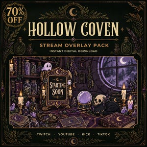 May include: A digital stream overlay pack titled Hollow Coven featuring a dark purple and gold aesthetic. The graphic displays a mystical room with shelves of potion bottles, a crystal ball, a skull, a black cat, and a sign reading Starting Soon.