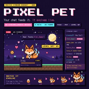 Pixel Stream Pet for Twitch | Interactive Chat Widget That Evolves | OBS Virtual Pet Overlay | Retro Kawaii Streamer Gift