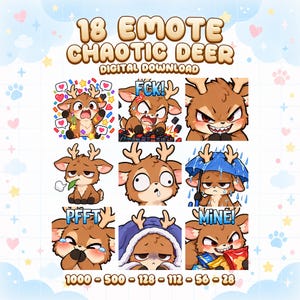 May include: A digital download set of 18 chaotic deer emotes featuring various expressions and actions. The brown deer characters are depicted in different scenarios, including holding snacks, using an umbrella, and typing, with text like FCK, PFFT, and MINE included.