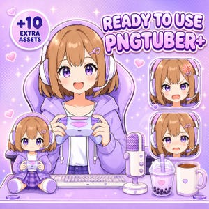 May include: A digital illustration of a character with brown hair wearing a purple hoodie and headphones, holding a game controller. The image includes text reading READY TO USE PNGTUBER+, a microphone, a bubble tea, and a mug.