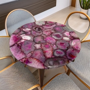 Pink Agate Stone Round Table Top – Handmade Gemstone Dining Table, Coffee Table, Patio Table, Unique Crystal Decor, Resin Finish, Home table