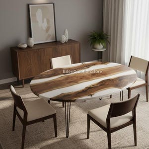 Tafelblad van walnoothout met natuurlijke rand | Moderne salontafel van wit hars | Eettafel op maat van epoxy | Handgemaakte meubels van houten platen