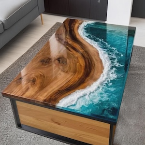 Ocean Wave Epoxy Resin Coffee Table – Live Edge Walnut Wood River Table, Handmade Modern Ocean Table, Coastal Resin Furniture, Epoxy Table