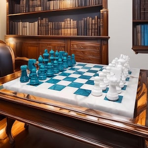 Handmade Blue Lapis & White Marble Chess Set – Luxury Stone Chess Board Game, Artisan Chess Pieces, Unique Decorative Game Gift