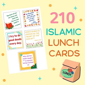 Puede incluir: Un conjunto de 210 tarjetas islámicas para el almuerzo con citas inspiradoras y preguntas. Las tarjetas presentan diseños coloridos y van acompañadas de una ilustración de bolsa de almuerzo. El texto incluye frases como "Intento hacer buenas obras todos los días."