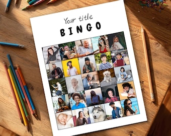 May include: A white bingo card with the word "BINGO" in large black letters. The card features a grid of photos of people. Colored pencils and a pencil are on a wooden surface.