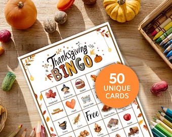May include: Thanksgiving Bingo game with 50 unique cards. The game features fall-themed illustrations and the text "Thanksgiving BINGO". The image includes pumpkins, crayons, and other fall decorations.