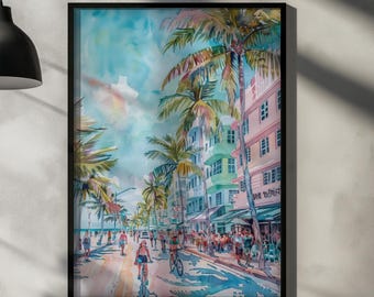 Miami Watercolor Poster – USA City Wall Art Print, Travel Home Decor Gift