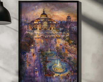Mexico City Watercolor Poster – Urban Skyline Art Print, Mexico Travel Wall Decor for Home