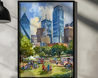 Dallas Watercolor Poster – Texas City Wall Art Print, USA Travel Home Decor Gift