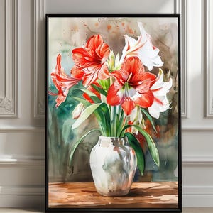 Amaryllis Watercolor Print: Red Winter Flower Botanical Art