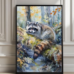 Aquarel wasbeerprint: grillige natuurkunst, poster bosdieren