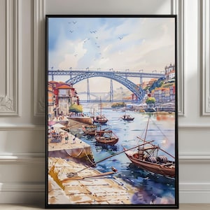Porto Portugal Watercolor Print: Coastal Cityscape Travel Poster
