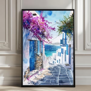 Aquarelposter Mykonos – muurkunstdruk Griekenland eiland, woondecoratie kustreizen