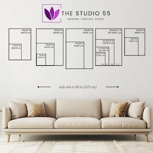 May include: A display of framed art prints in various sizes, including 11x14 inches (28x36 cm) and 24x36 inches (61x91 cm), against a white wall. The text "THE STUDIO 55" is at the top. The sofa size is 90 inches (229 cm).