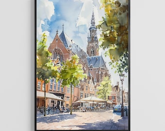 Haarlem, Holandia, plakat akwarelowy | Holenderska podróż artystyczna po mieście