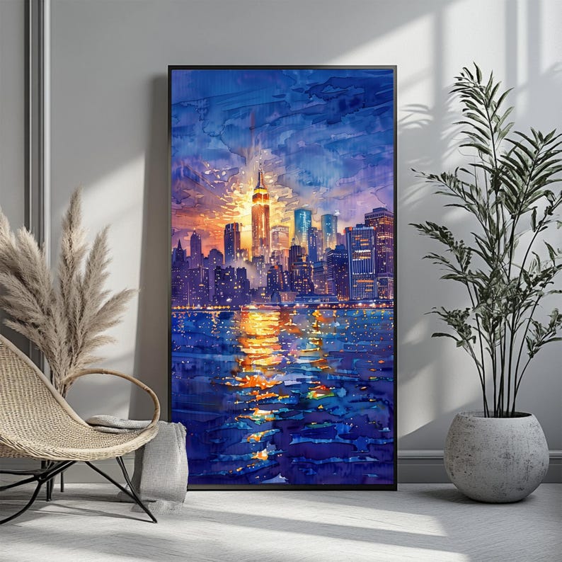 New York City USA Watercolor Travel Poster | Manhattan Skyline Brooklyn ...