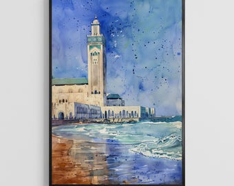 Poster ad acquerello di Casablanca, Marocco – Stampa artistica di paesaggio urbano, decorazione murale per viaggi in Nord Africa
