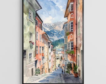 Innsbruck Watercolor Poster – Austria City Wall Art Print, Travel Architecture Decor