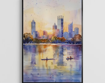 Poster ad acquerello di Perth, Australia – Stampa artistica da parete della città, idea regalo per la casa e per chi viaggia