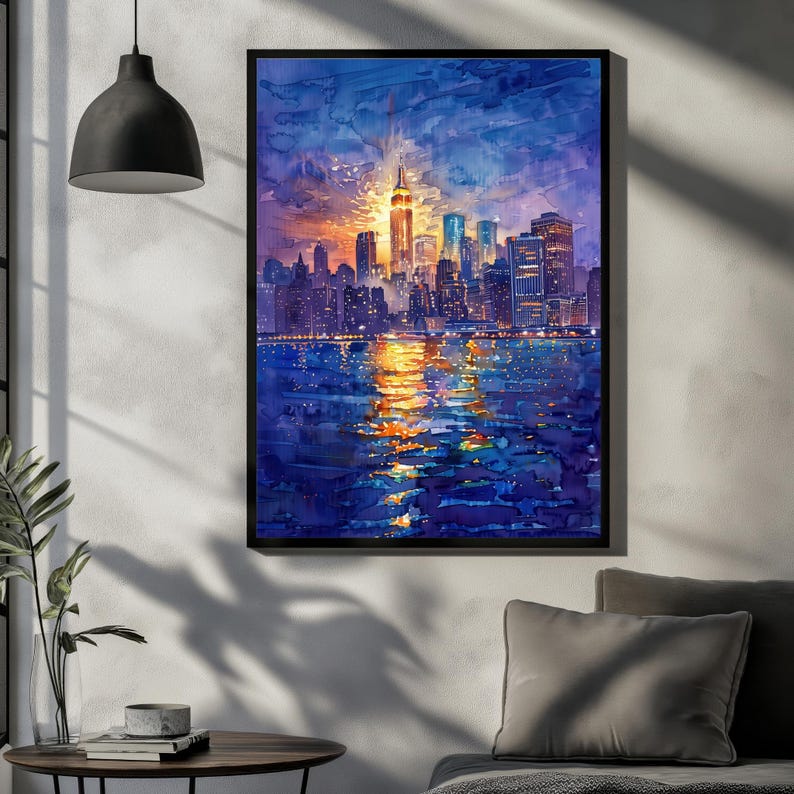 New York City USA Watercolor Travel Poster | Manhattan Skyline Brooklyn ...