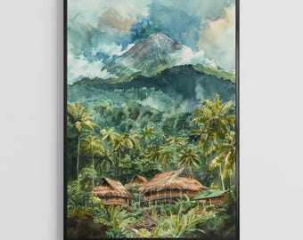 Cameroon Watercolor Poster – Africa Landscape Art Print, Cultural Nature Wall Decor