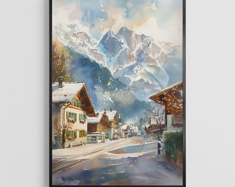 Garmisch-Partenkirchen Watercolor Poster – Bavaria Germany Art Print, Alpine Town Wall Decor