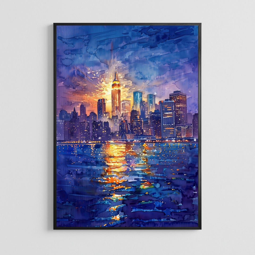 New York City USA Watercolor Travel Poster | Manhattan Skyline Brooklyn ...
