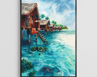 Póster de acuarela de las Maldivas: lámina artística de isla tropical, decoración de pared para el hogar inspirada en viajes al océano.