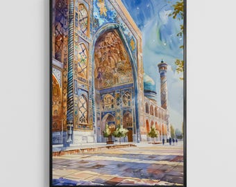 Poster ad acquerello di Samarcanda – Stampa artistica della città dell'Uzbekistan, decorazione di viaggio ispirata alla storica Via della Seta