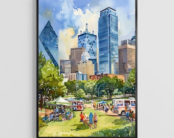 Peut inclure: Une peinture à l'aquarelle d'un parc urbain avec des arbres verts et de l'herbe au premier plan, montrant des gens rassemblés sous un auvent vert et près de camions de restauration, avec des gratte-ciel bleus et beiges en arrière-plan.
