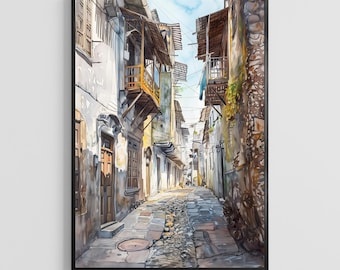 Zanzibar City Watercolor Poster – Tanzania Travel Wall Art Print, Coastal Home Decor Gift